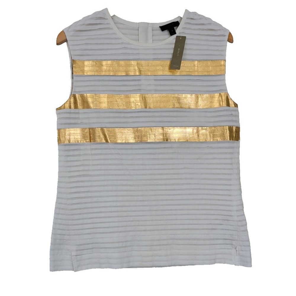 J Crew Sleeveless Top Womens‎ 4 White Metallic Gold Minimalist Glam Preppy Chic